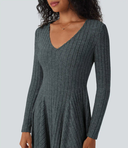 Ribbed Knit V Neck Long Sleeve Flare Mini Casual Dress