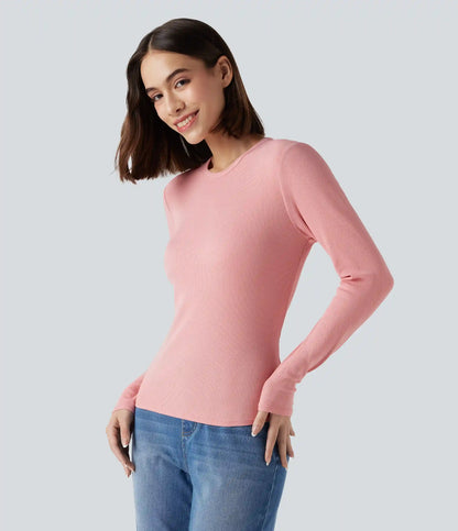 Ribbed Knit Round Neck Long Sleeve Casual Top