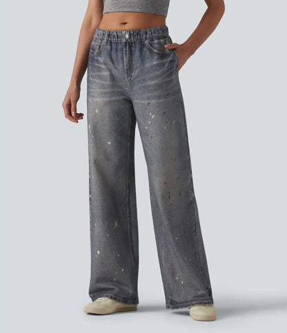 Mid Rise Denim Print French Terry Casual Sweatpants Jeans with Pockets