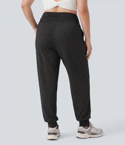 Plus Size High Waisted Ruched Heathered Yoga Joggers with Pockets