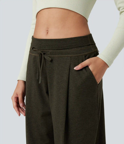 Foldover High Waisted Draswtring Quick Dry Heathered Casual Wide-leg Pants with Pockets