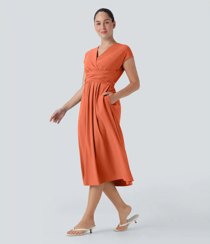 Breezeful™ V Neck Short Sleeve Pocket Tie Back Quick Dry Midi Casual Dress
