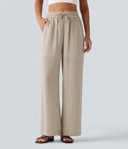 High Waisted Drawstring Wide Leg 2-in-1 Linen-Feel Casual Pants with Pockets