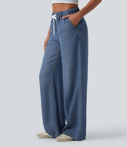 Mid Rise Drawstring Casual Jeans with Pockets