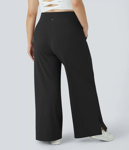 DayStretch Crossover Pocket Hem Plus Size Wide Leg Yoga Pants-Smile
