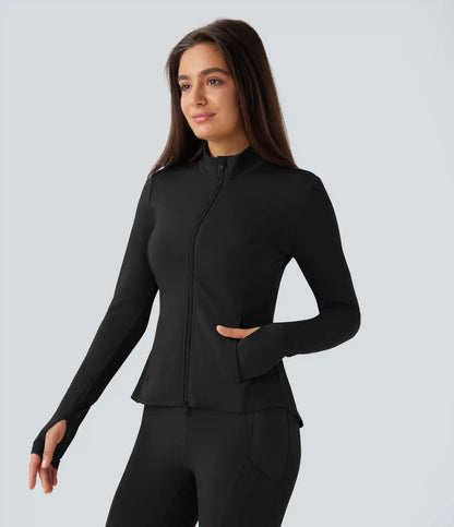 SoftlyZero™ Stand Collar Thumb Hole Pockets Pleated Zipper Slim Jacket