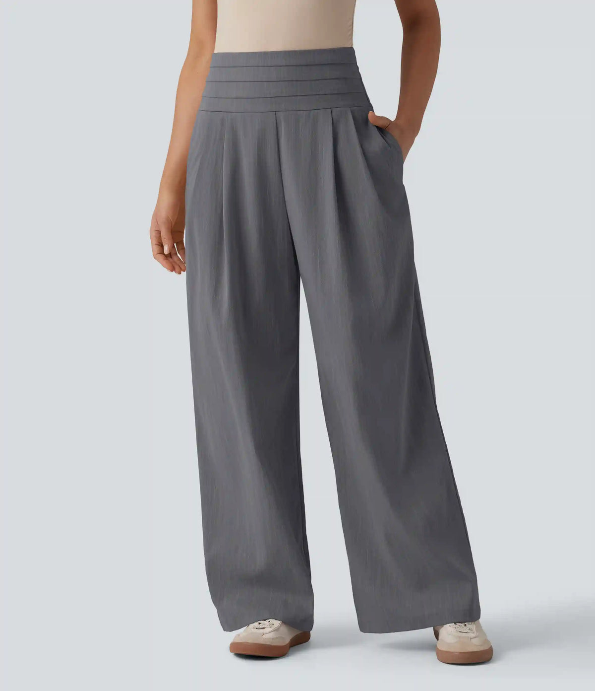 Adjustable Super High Waisted Shirred Wide Leg Casual Linen-Feel Pants with Pockets