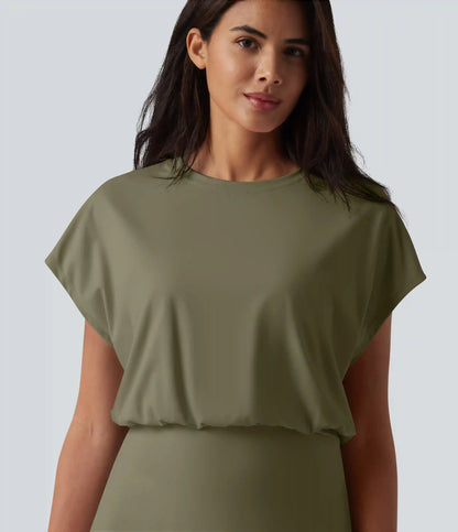 SoftlyZero™ Airy Round Neck Short Sleeve 2-in-1 InstantCool Mini Yoga Active Dress with Pockets-Easy Peezy Edition