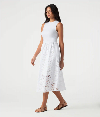 Round Neck Sleeveless Midi Embroidery Eyelet Resort Dress with Pockets