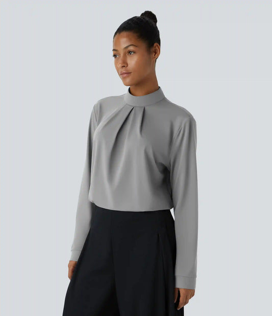 Stand Collar Back Long Sleeve Work Blouse
