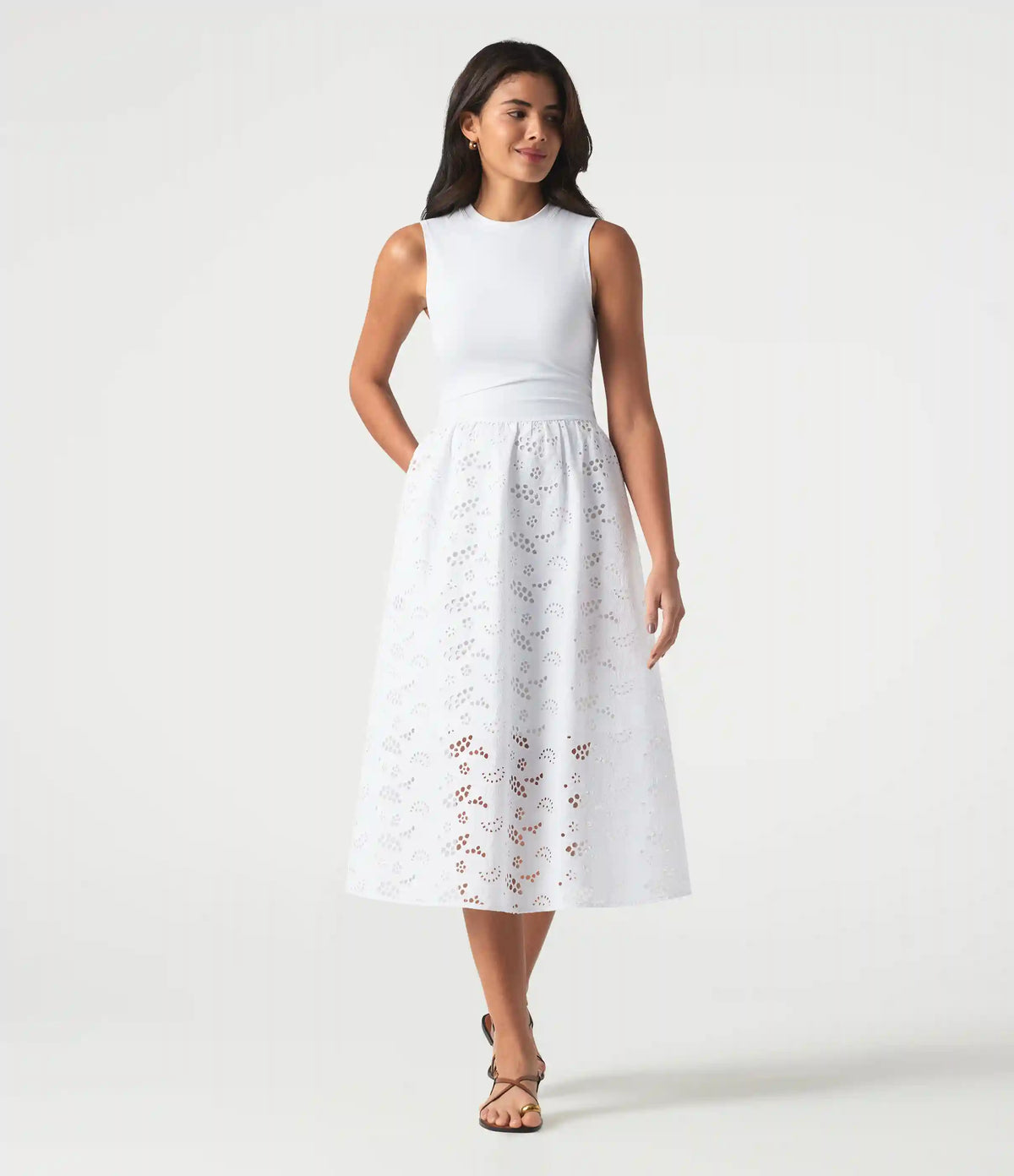Round Neck Sleeveless Midi Embroidery Eyelet Resort Dress with Pockets