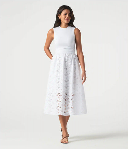 Round Neck Sleeveless Midi Embroidery Eyelet Resort Dress with Pockets