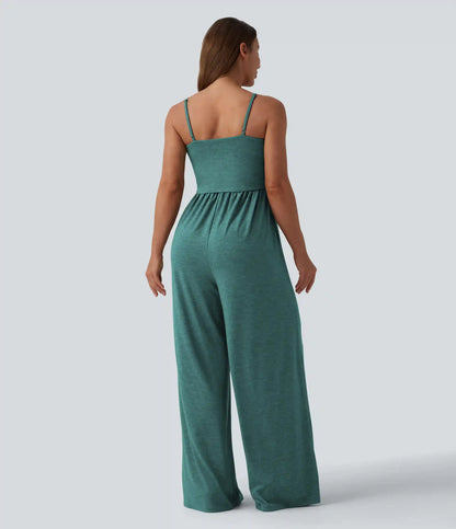 Adjustable Straps Ruched Wide Leg Heathered Casual Jumpsuit with Pockets-Easy Peezy