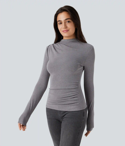 Funnel Neck Long Sleeve Ruched Skinny Thermal Casual Top