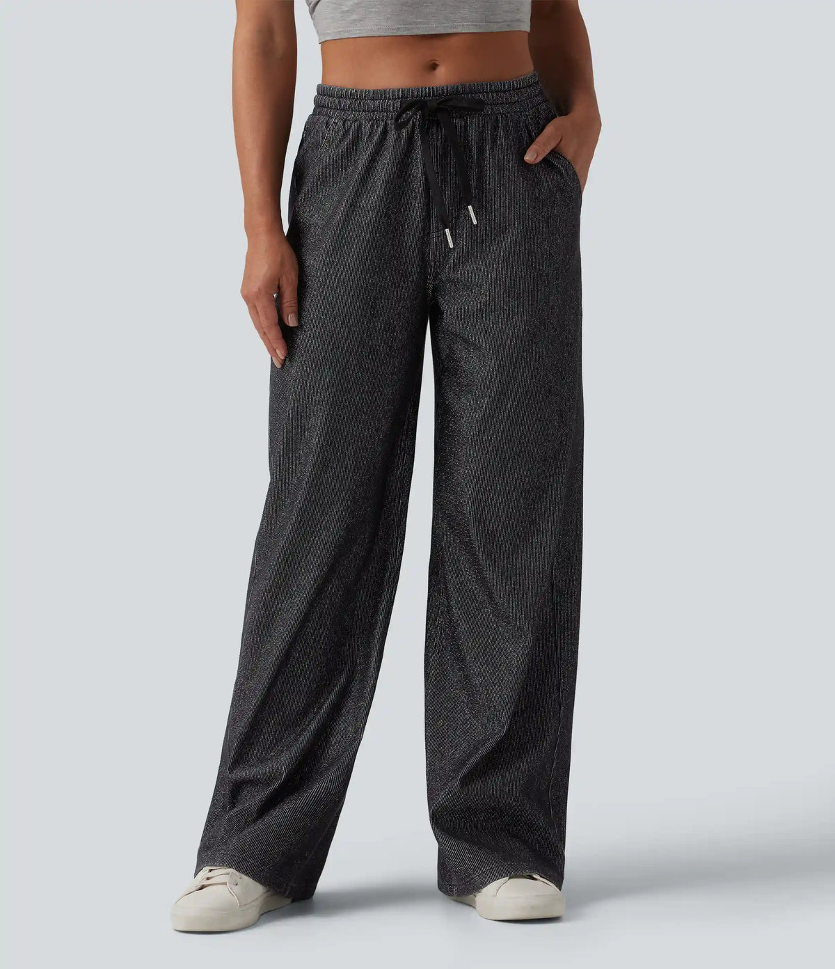 Halara Flex™ Low Rise Drawstring Wide Leg Silver Shine Casual Sweatpants Jeans with Pockets
