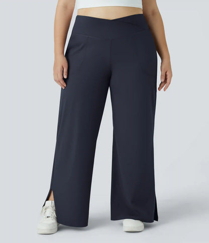 DayStretch Crossover Pocket Hem Plus Size Wide Leg Yoga Pants-Smile