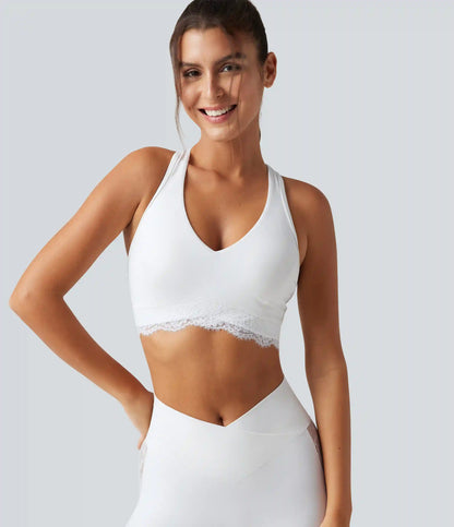 Halara UltraSculpt™ Low Support V Neck Built-in Bra Racerback Contrast Lace Workout Sports Bra