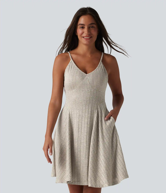 Ribbed Knit V-neck Flare Mini Casual Slip Dress with Pockets