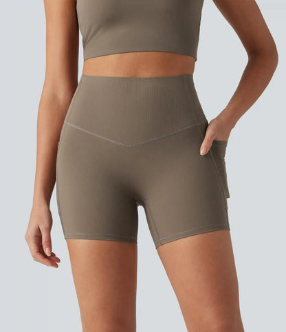 Halara UltraSculpt™ Ribbed High Waisted Tummy Control Yoga Biker Shorts 5'' with Pockets