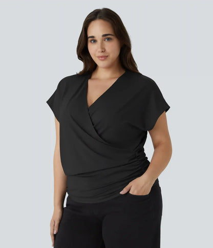 V Neck Cap Sleeve Crossover Ruched Solid Work Plus Size Blouse
