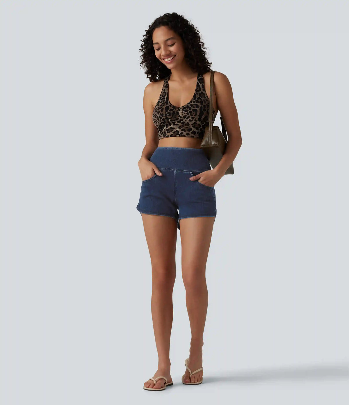 Halara Flex™ High Waisted Tummy Control Curved Hem Skinny Denim Casual Shorts with Pockets