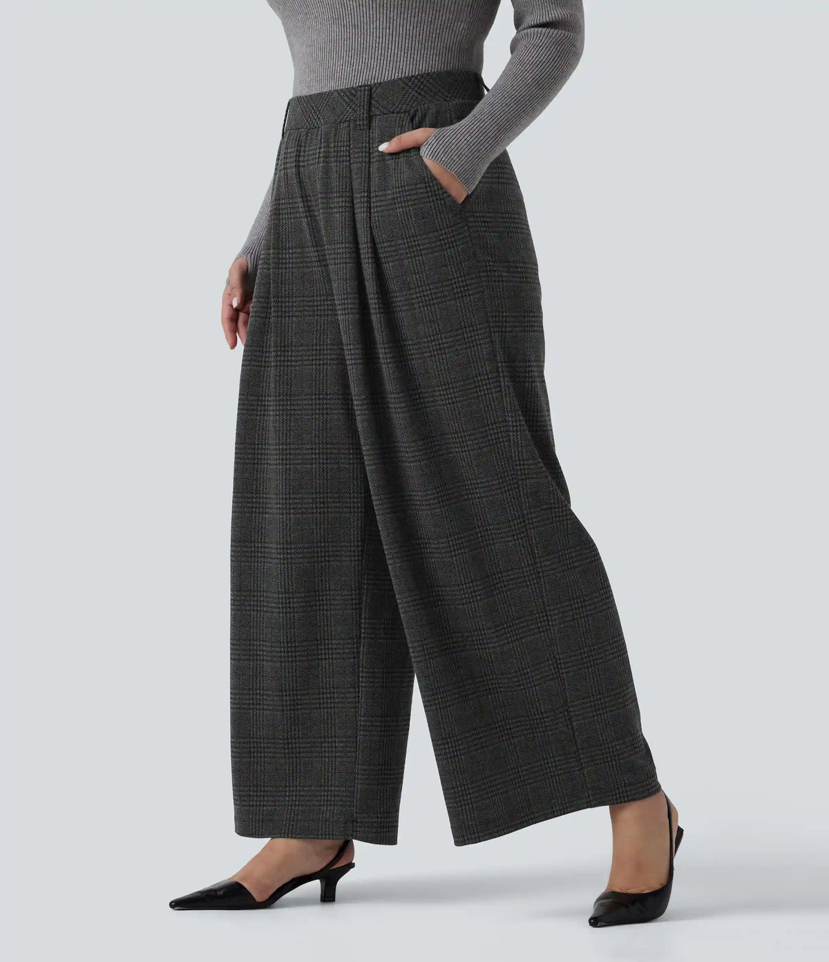 Plus Size High Waisted Wide Leg Houndstooth Plaid Casual Pants with Pockets