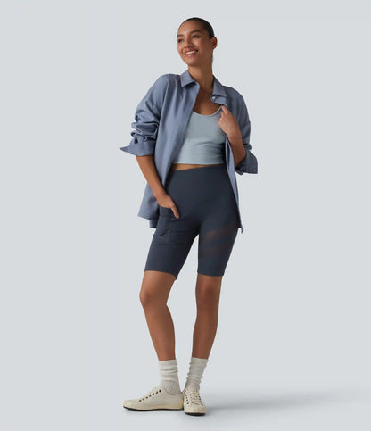 DayStretch High Waisted Tummy Control Butt Lifting Contrast Mesh Casual Biker Shorts 9.5'' with Pocket