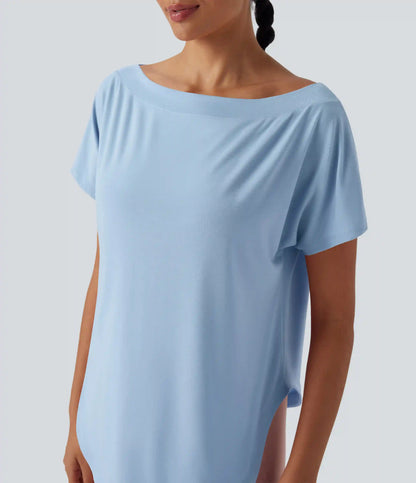 One Shoulder Short Sleeve Curved Hem High Low Quick Dry Yoga Sports Top