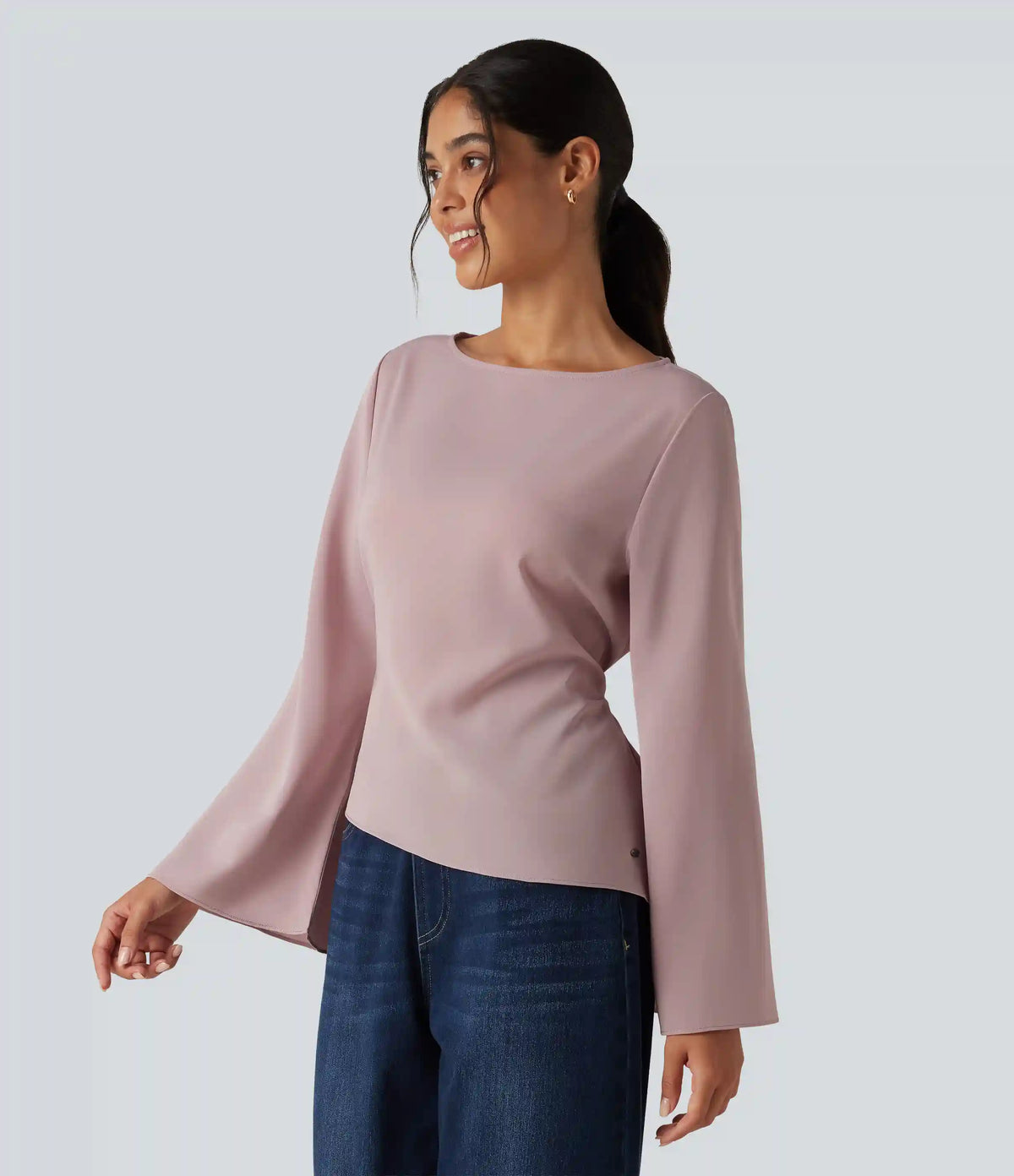 Boat Neck Flounce Long Sleeve Tie Back Asymmetric Hem Casual Blouse