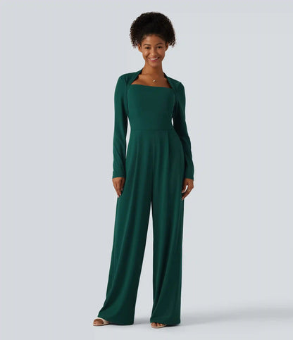 Long Sleeve Built-in Bra Wide Leg Jumpsuit with Pockets-Easy Peezy Edition DD-F Cups