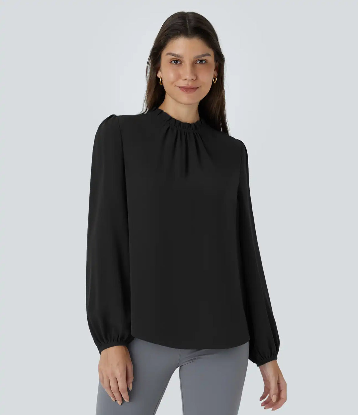 Frill Round Neck Keyhole Back Long Sleeve Work Blouse