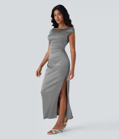 Boat Neck Cap Sleeve Ruched Satin Dress