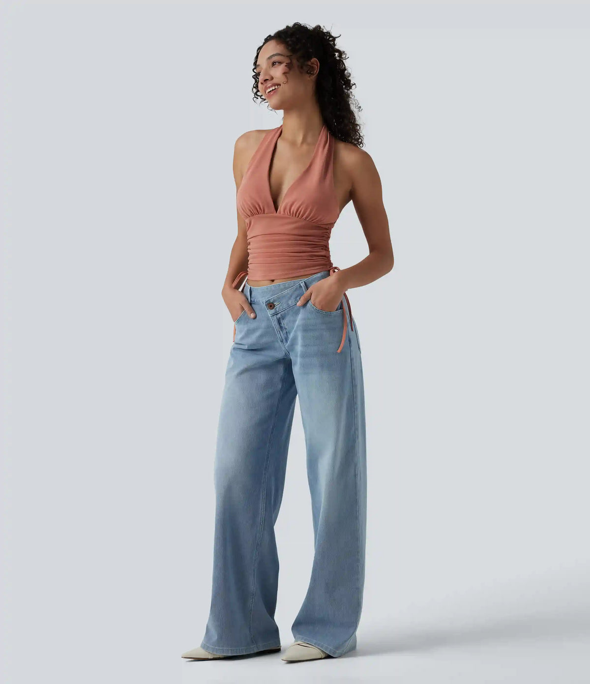 Deep V Neck Backless Ruched Drawstring Casual Halter Top