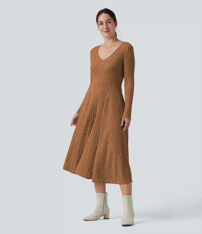Ribbed Knit V Neck Long Sleeve Flare Midi Casual Dress with Pockets