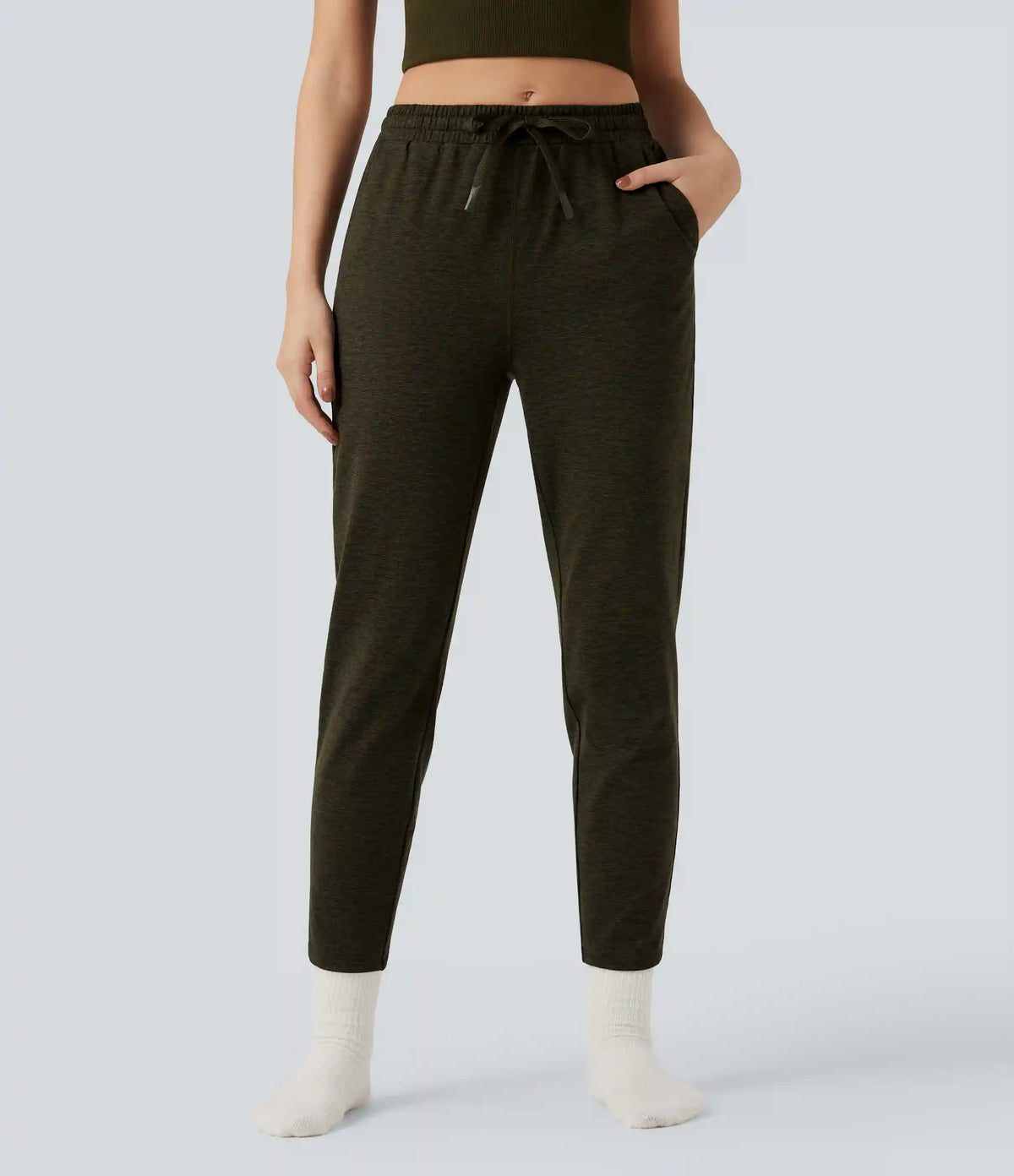 Mid Rise Drawstring Quick Dry Lounge Heathered Pants with Pockets-UPF40+