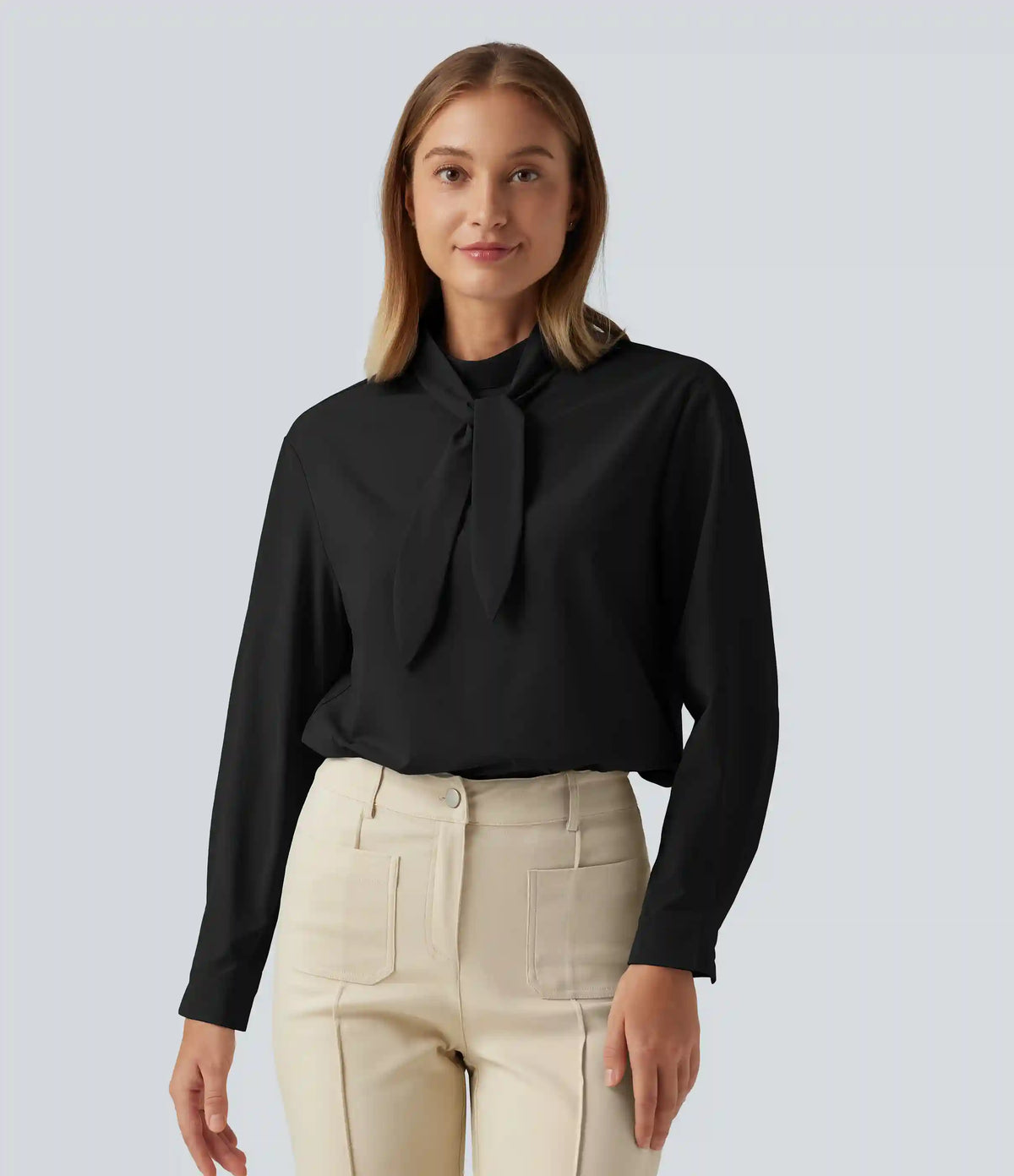 Mock Neck Long Sleeve Tie Front Work Blouse