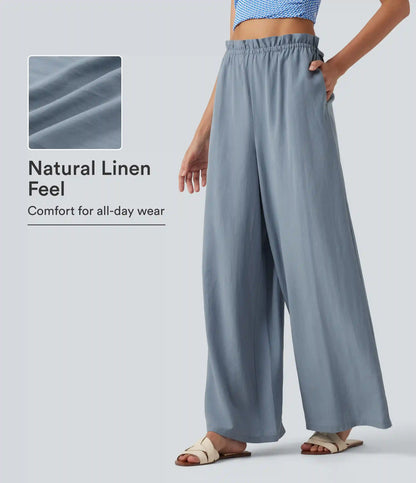 Frill Trim Mid Rise Drawstring Casual Linen-Blend Baggy Flowy Pants with Pockets