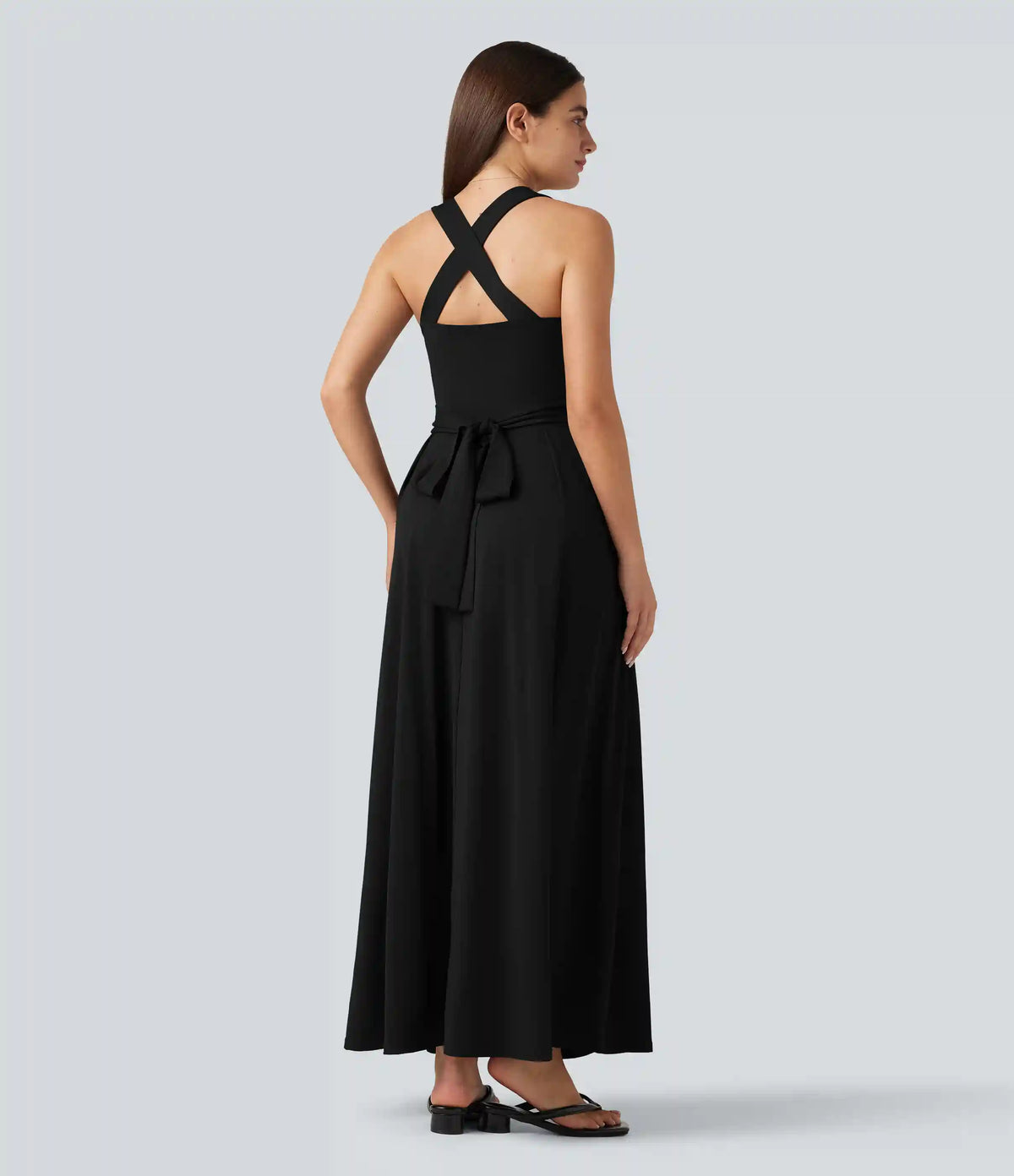 Sweetheart Neck Sleeveless Crisscross Tie-back Maxi Casual Flowy Dress with Pockets