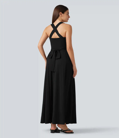 Sweetheart Neck Sleeveless Crisscross Tie-back Maxi Casual Flowy Dress with Pockets