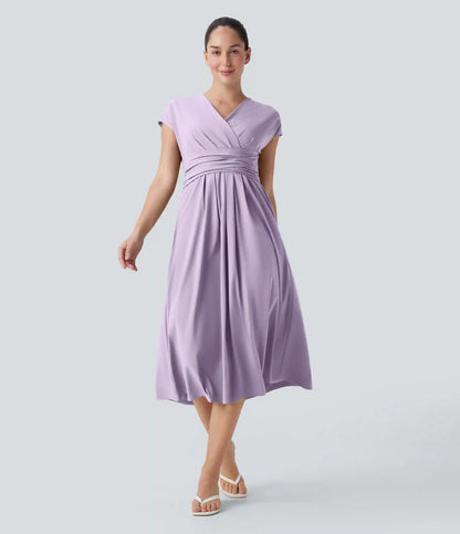 Breezeful™ V Neck Short Sleeve Pocket Tie Back Quick Dry Midi Casual Dress