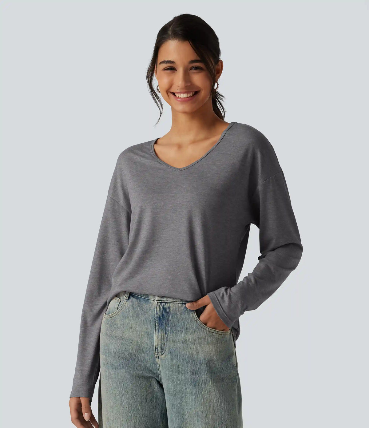 V Neck Long Sleeve Relaxed Heathered Casual T-Shirt