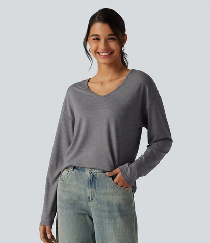 V Neck Long Sleeve Relaxed Heathered Casual T-Shirt