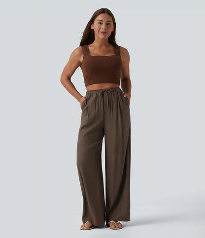 High Waisted Drawstring Linen-Feel Casual Baggy Pants with Pockets
