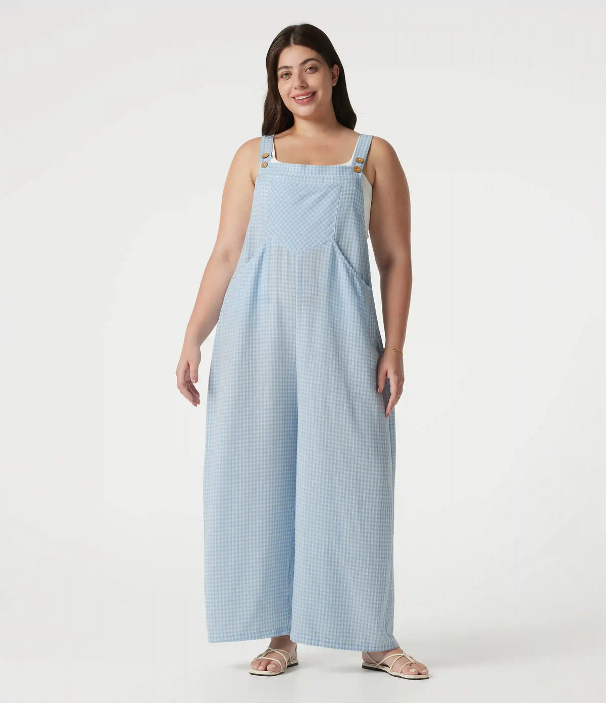 Plus Size Plaid Casual Linen-Feel Overalls with Pockets