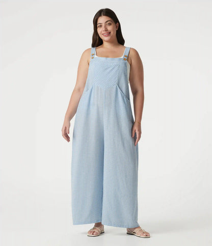Plus Size Plaid Casual Linen-Feel Overalls with Pockets