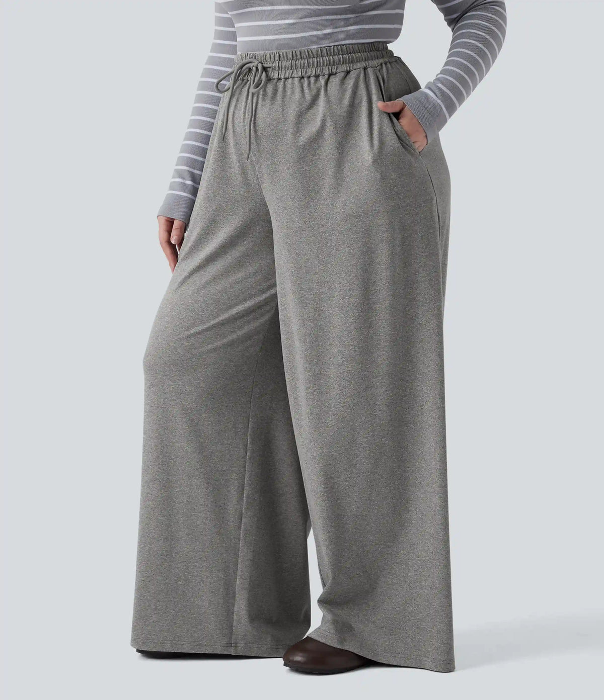Plus Size High Waisted Drawstring Wide Leg Casual Pants with Pockets