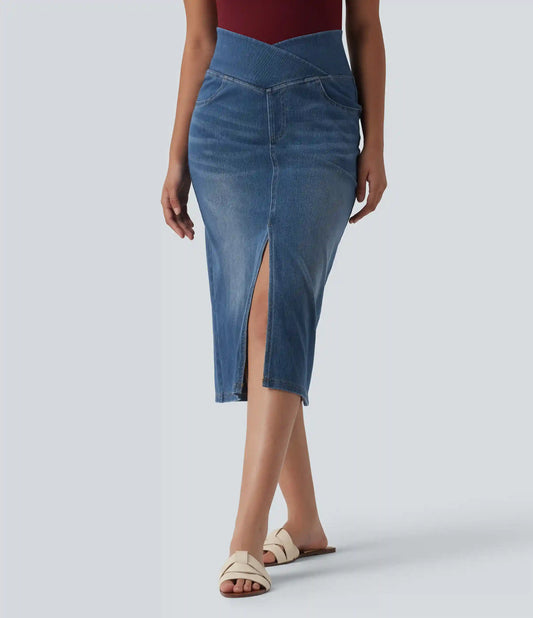 Halara Flex™ Asymmetric High Waisted Tummy Control Split Denim Casual Straight Skirt with Pockets