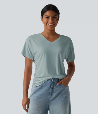 V-neck Short Sleeve Ruched Plain Casual T-Shirt