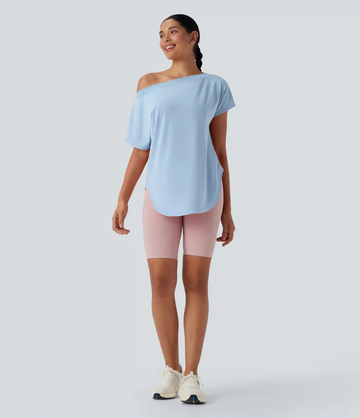 One Shoulder Short Sleeve Curved Hem High Low Quick Dry Yoga Sports Top