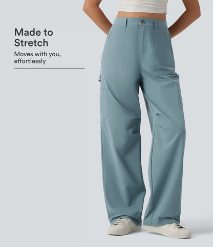 High Waisted Straight Leg Stretchy Poplin Casual Cargo Pants with Pockets